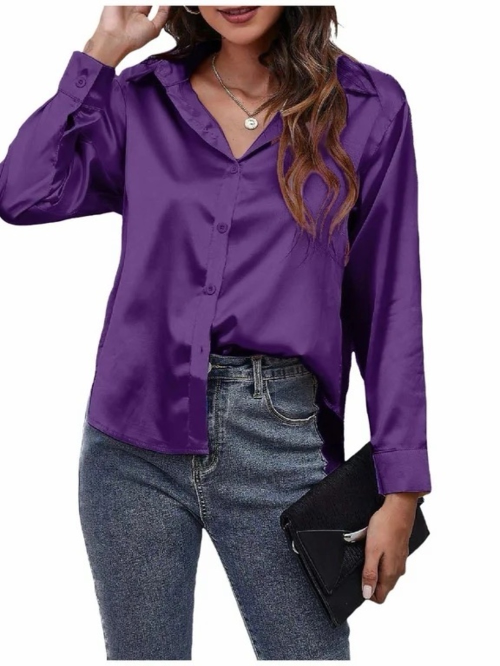 Amazon Essentials Purple Satin Button-Down Shirt